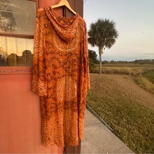Azmina Pure Silk Hooded Jacket Size XL Bronze Bohemian Open Front Beads Sequins